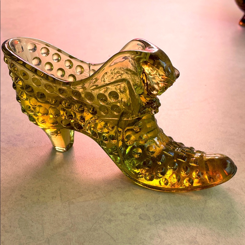 Vintage USA Fenton Glass Colonial Green Hobnail Slipper Shoe